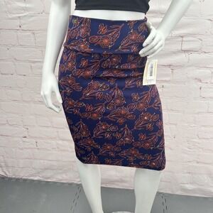 Lularoe Cassie Pencil Skirt Soft Knit Navy Blue Floral Striped Skirt Size S